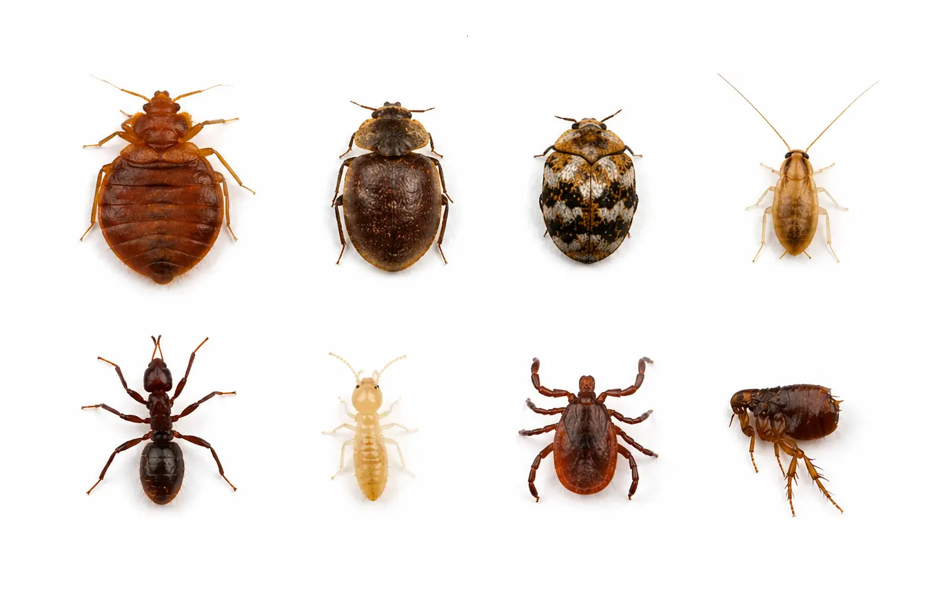 Side by side comparison of a bed bug and the insects most often mistaken for one: bat bug, swallow bug, carpet beetle, baby cockroach, spider beetle, booklouse, tick, and flea