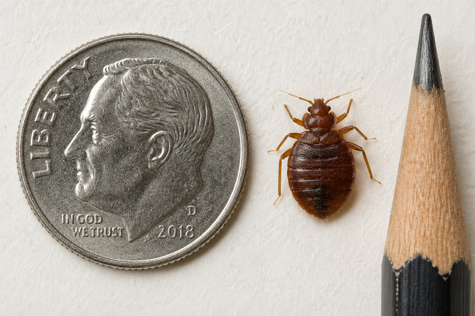 Adult bed bug shown next to a U.S. dime for scale